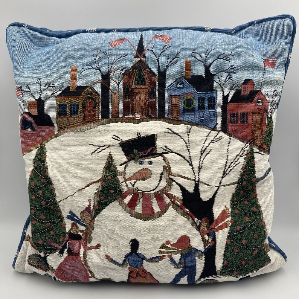 Christmas Tapestry Throw Pillow Country Snowman Decor Farm Town Home 16x16 Trees